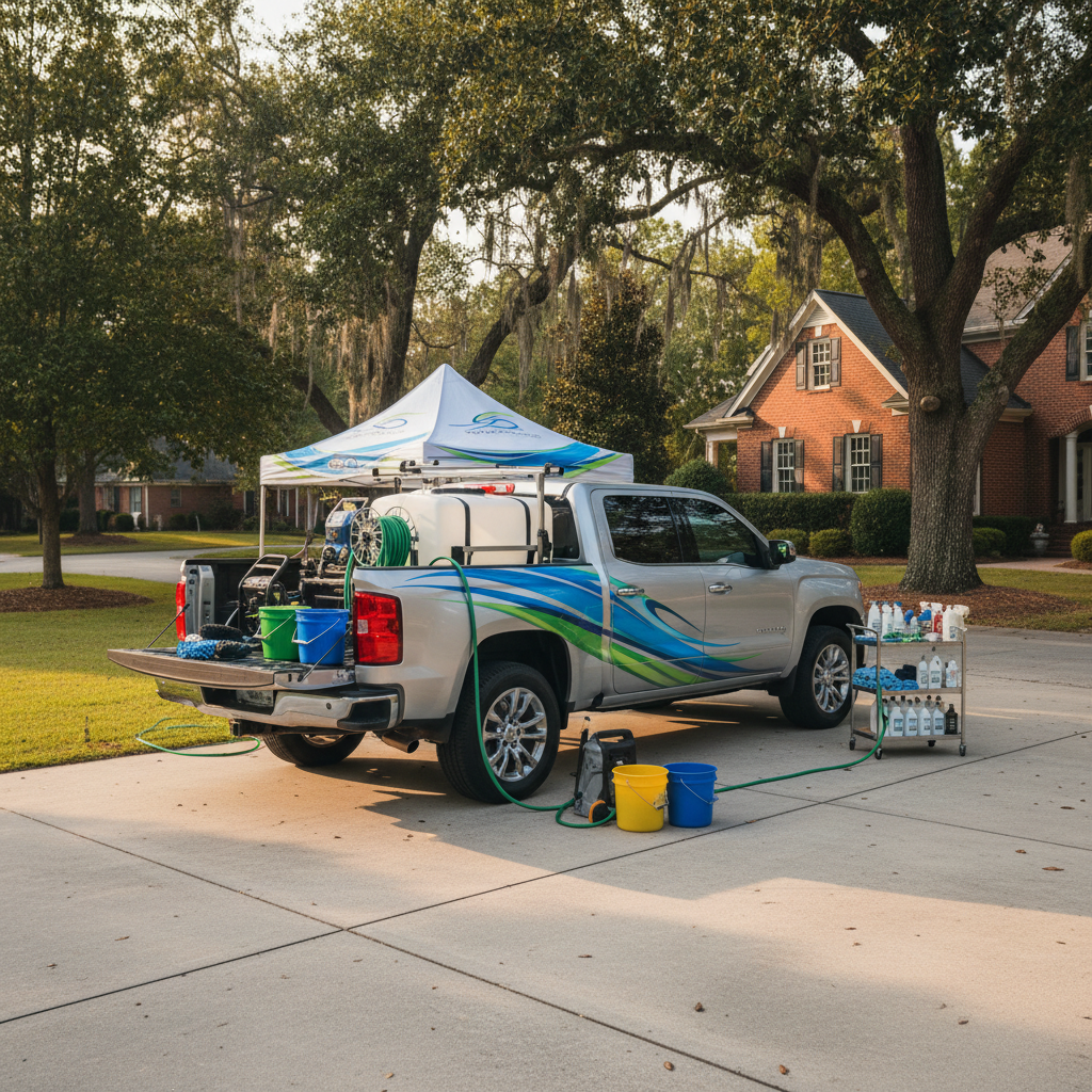 A fully equipped mobile auto detailing setup neatly arranged around a modern silver pickup truck branded only with a clean, abstract graphic, avoiding readable text. The truck’s bed is organized with pressure washer, water tank, coiled hoses, and color-coordinated buckets, all spotless and professional. Parked on a tidy residential driveway framed by green lawns and tall Southern-style trees under clear daylight, the scene suggests convenient service in the Athens, GA area without explicit signage. Warm late-afternoon sunlight creates soft, directional highlights and gentle shadows, emphasizing order and reliability. Shot in photographic realism from a three-quarter angle, the composition uses rule of thirds to feature both the vehicle and equipment, conveying efficiency and trustworthiness.