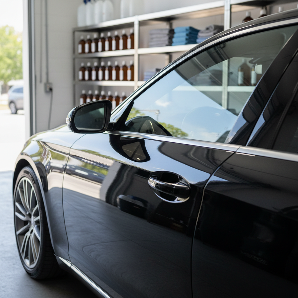 A meticulously detailed close-up of a glossy black luxury sedan, its paintwork flawlessly polished to a mirror finish, reflecting a crisp blue Athens, GA sky and subtle outlines of nearby buildings. The vehicle is parked at a professional auto detailing bay with neatly organized, unlabeled bottles and microfiber towels on stainless steel shelves in the softly blurred background. Bright but diffused daylight floods in from an open bay door, creating sharp, clean highlights along the car’s curves and minimal shadows beneath. Photographic realism at eye level, with a shallow depth of field that keeps the car’s door panel and wheel arch razor sharp, conveying a precise, trustworthy, results-focused atmosphere.