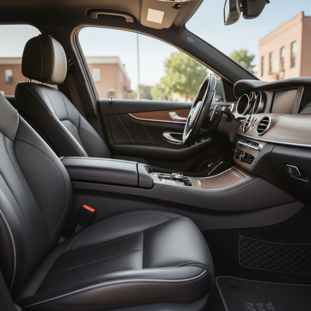 An immaculate interior detailing close-up of a high-end vehicle cabin: perforated leather seats deeply cleaned and conditioned, subtle matte sheen on the dashboard, precisely brushed stitching, and dust-free air vents. The center console gleams with a refined satin finish, and the floor mats look freshly extracted with crisp texture. The background softly reveals a blurred hint of a quiet Athens, GA street through crystal-clear side windows. Soft studio-style lighting from above and from the passenger side creates gentle highlights on the leather and trim, avoiding glare. Photographic realism with a tight, eye-level composition and shallow depth of field, creating an intimate, luxurious, and professional atmosphere that emphasizes meticulous care and attention to detail.