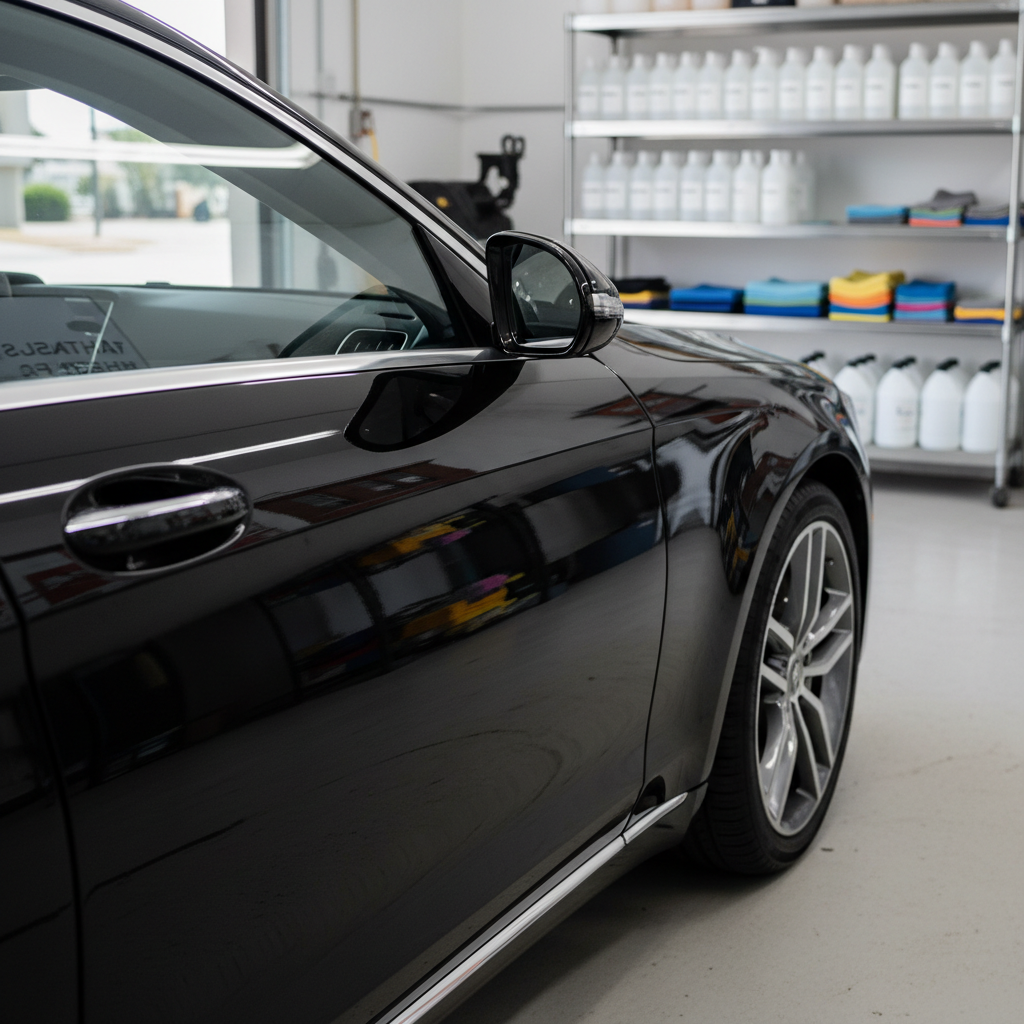 A meticulously detailed close-up of a glossy black luxury sedan, its paintwork flawlessly polished to a mirror finish, reflecting a crisp blue Athens, GA sky and subtle outlines of nearby buildings. The vehicle is parked at a professional auto detailing bay with neatly organized, unlabeled bottles and microfiber towels on stainless steel shelves in the softly blurred background. Bright but diffused daylight floods in from an open bay door, creating sharp, clean highlights along the car’s curves and minimal shadows beneath. Photographic realism at eye level, with a shallow depth of field that keeps the car’s door panel and wheel arch razor sharp, conveying a precise, trustworthy, results-focused atmosphere.
