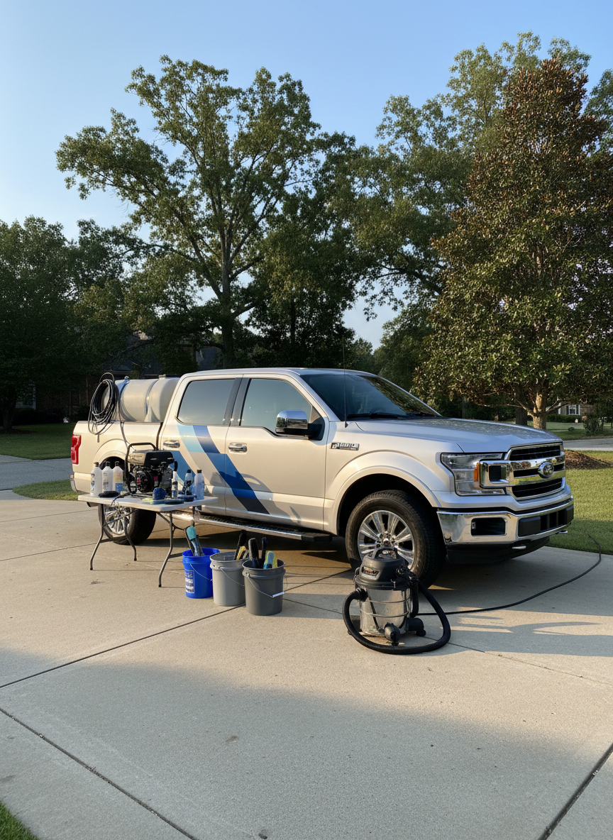 A fully equipped mobile auto detailing setup neatly arranged around a modern silver pickup truck branded only with a clean, abstract graphic, avoiding readable text. The truck’s bed is organized with pressure washer, water tank, coiled hoses, and color-coordinated buckets, all spotless and professional. Parked on a tidy residential driveway framed by green lawns and tall Southern-style trees under clear daylight, the scene suggests convenient service in the Athens, GA area without explicit signage. Warm late-afternoon sunlight creates soft, directional highlights and gentle shadows, emphasizing order and reliability. Shot in photographic realism from a three-quarter angle, the composition uses rule of thirds to feature both the vehicle and equipment, conveying efficiency and trustworthiness.