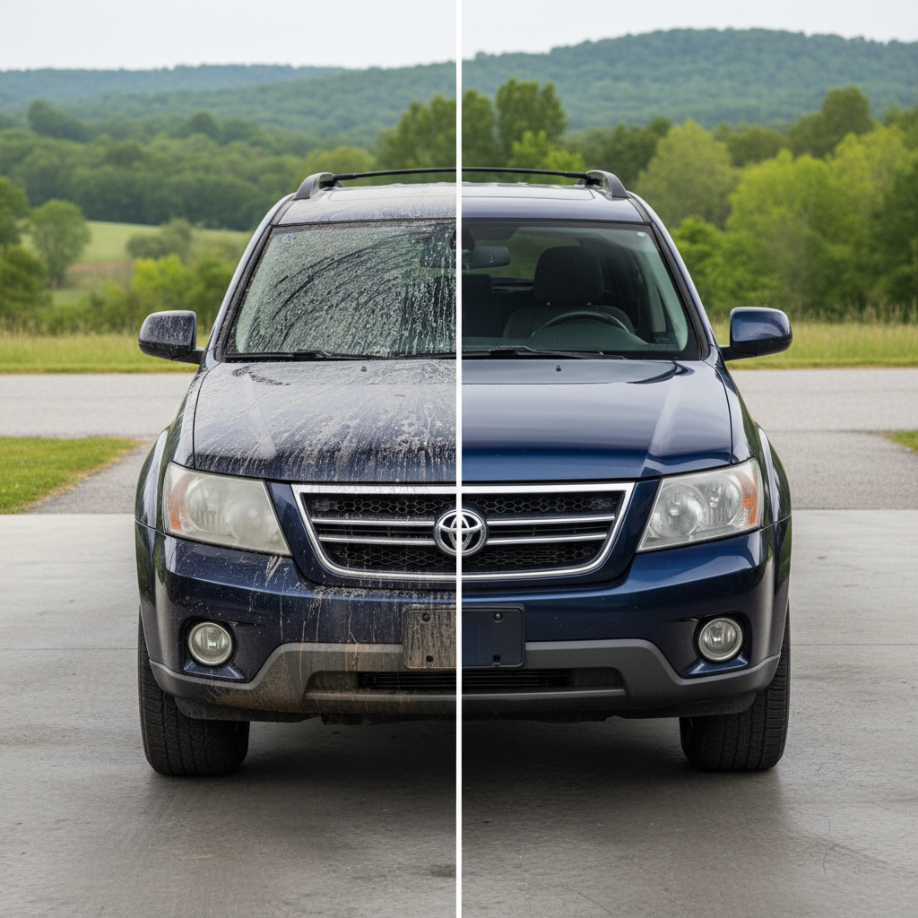 A dramatic side-by-side before-and-after scene of the same mid-size SUV, split cleanly down the center: the left side covered in road grime, water spots, and dull, oxidized paint; the right side brilliantly corrected with deep, rich gloss, crisp reflections, and perfectly dressed tires. The SUV sits on a clean concrete surface with a faint outline of rolling Georgia hills and soft tree lines in the distance, subtly nodding to the Athens, GA area. Overhead overcast light provides even illumination, minimizing harsh shadows and emphasizing surface transformation. Captured in photographic realism from a slightly elevated angle, the composition is balanced and educational, creating a confident, proof-of-results mood.