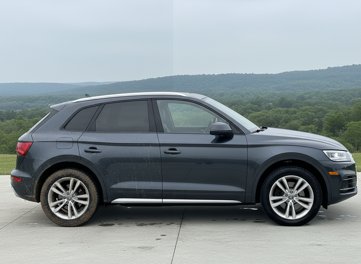A dramatic side-by-side before-and-after scene of the same mid-size SUV, split cleanly down the center: the left side covered in road grime, water spots, and dull, oxidized paint; the right side brilliantly corrected with deep, rich gloss, crisp reflections, and perfectly dressed tires. The SUV sits on a clean concrete surface with a faint outline of rolling Georgia hills and soft tree lines in the distance, subtly nodding to the Athens, GA area. Overhead overcast light provides even illumination, minimizing harsh shadows and emphasizing surface transformation. Captured in photographic realism from a slightly elevated angle, the composition is balanced and educational, creating a confident, proof-of-results mood.