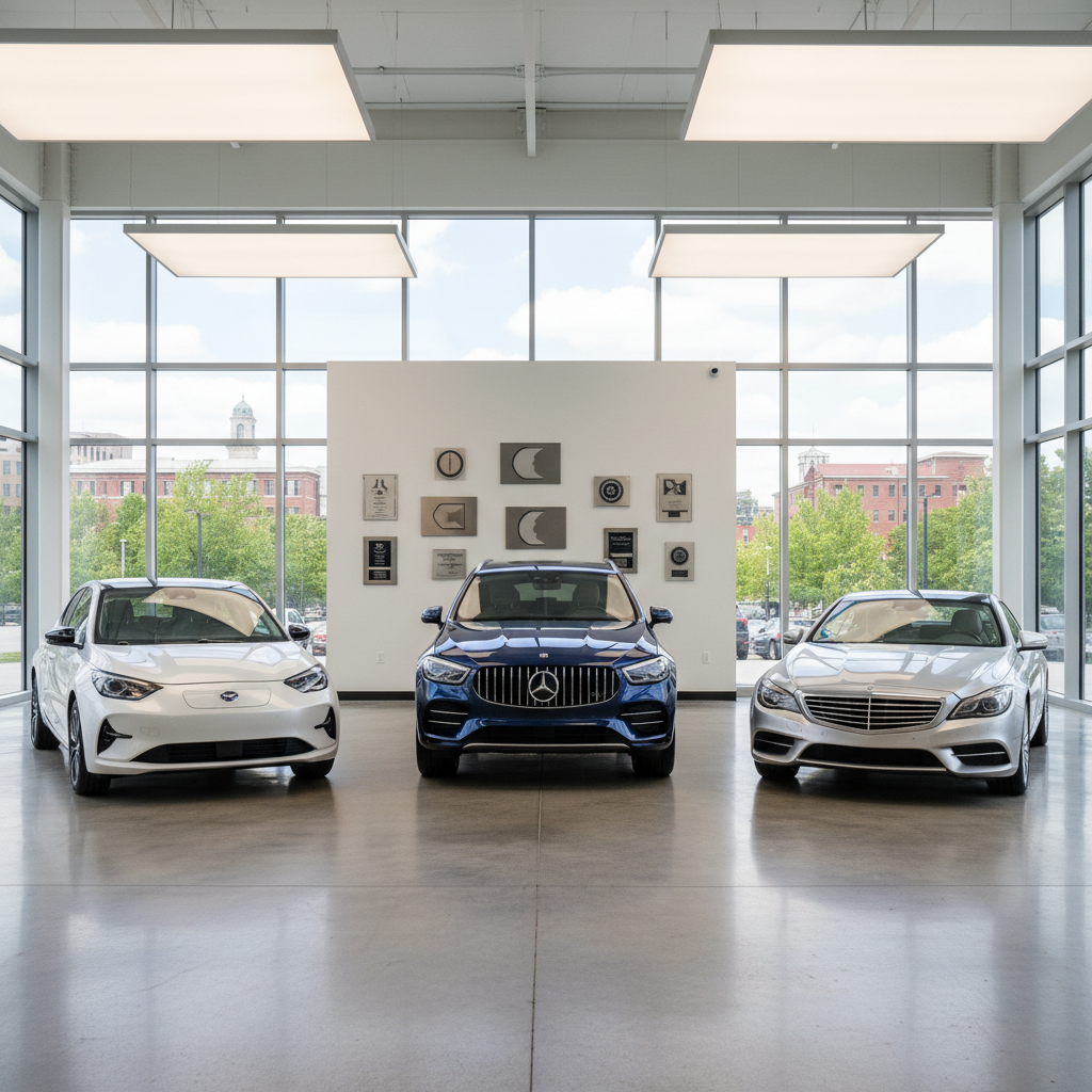A clean, modern showroom-style scene featuring three different vehicles—a compact car, a mid-size SUV, and a luxury coupe—each positioned to showcase flawless, freshly detailed finishes. The cars are spaced evenly on a polished concrete floor in a bright detailing studio, with a wall in the background displaying sleek, geometric shapes resembling trophies and certification plaques, all without readable text. Large windows suggest an urban Athens, GA environment outside, with greenery and subtle architecture visible in soft focus. Bright, diffused daylight combines with ceiling softbox lighting to create even, reflection-rich illumination. Captured in photographic realism from a wide-angle, slightly elevated perspective, the composition highlights a portfolio-like variety of results, projecting credibility, experience, and high-end professionalism.